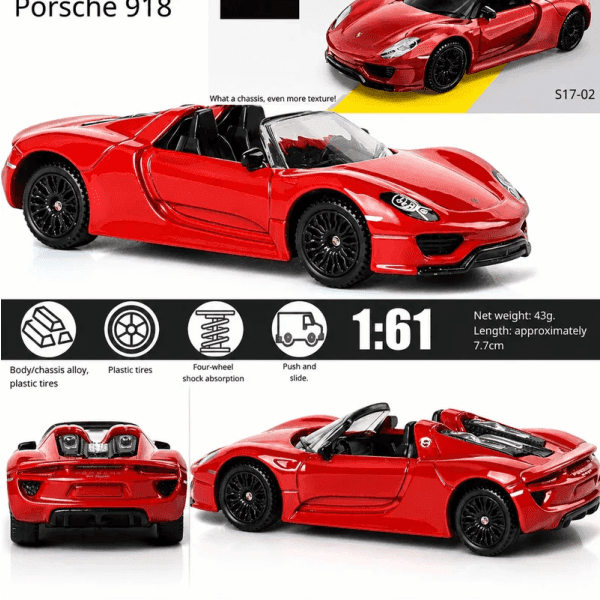 CCA 1:61 Porsche 918 Spyder Diecast Model – Premium Alloy Supercar with Suspension image 3